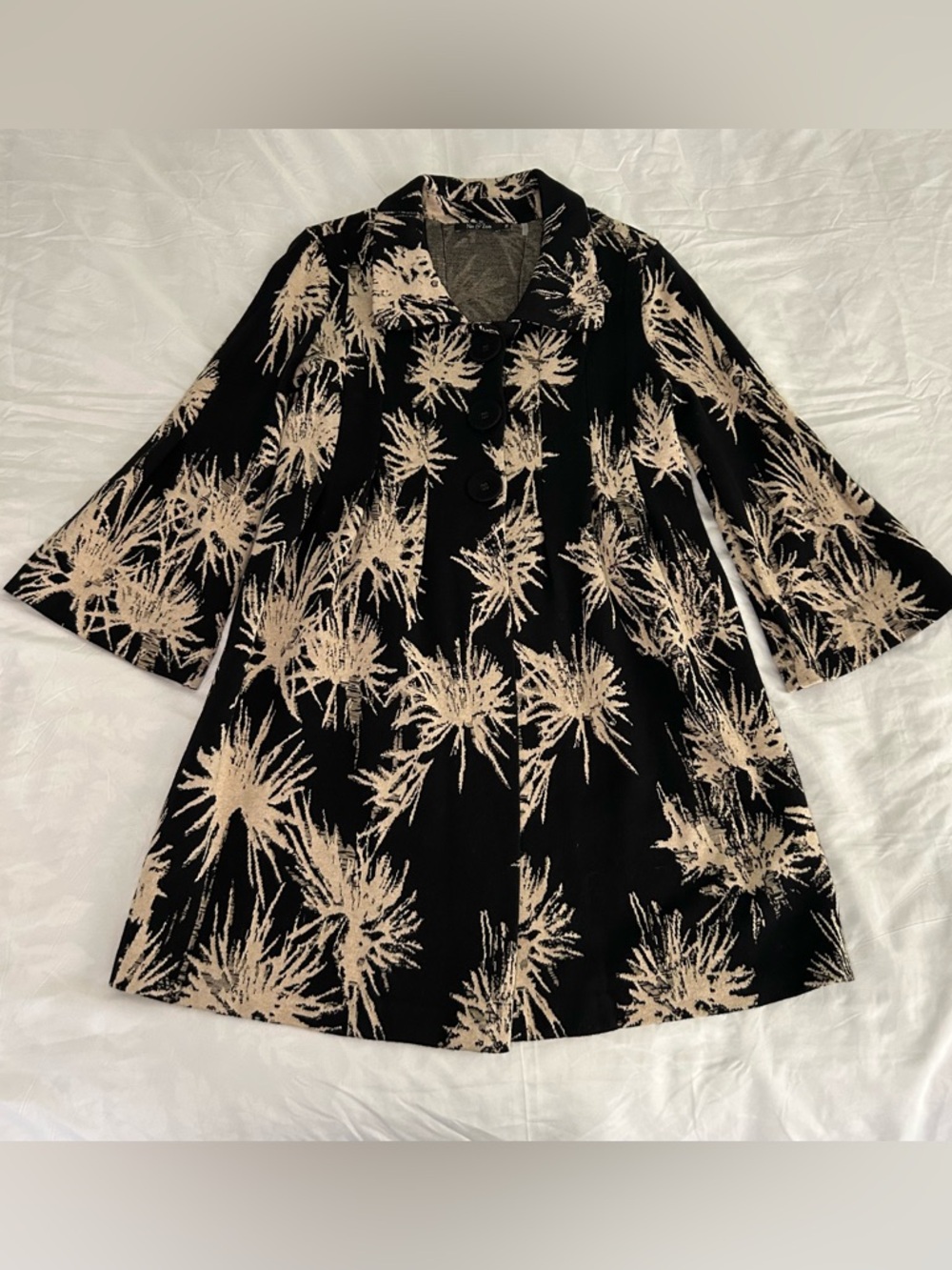 Nic + Zoe Black Tan Abstract Print Knit Swing Coat Cardigan Sweater Womens M